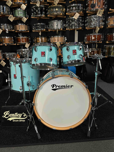 ~NEW~ Premier Elite Maple/Birch Hybrid 4-Piece 10/12/16/22 Drum Kit Set in Baby Blue Lacquer w/ Natural Gloss Bass Drum Hoops