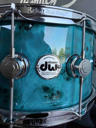 ~WOW!~ DW Collector's Series Maple/Mahogany 7x14 Snare Drum in Sapphire Gloss Lacquer over Exotic Mapa Burl with Chrome Hardware