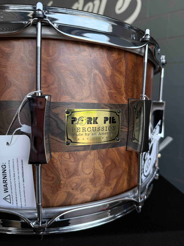 ~NEW!~ Pork Pie Decaf Macchiato Maple 8x14 Snare Drum in Satin Burled Walnut with Sapele Stripe