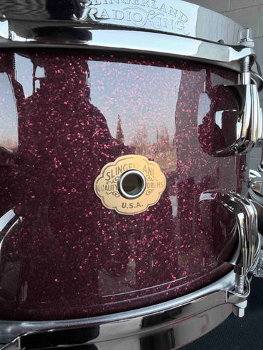 ~NEW!~ Slingerland RadioKing Solid Shell Maple 7x14 Snare Drum in Maroon Glass Glitter with Nickel Hardware