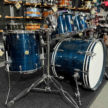 ~WOW!~ Gretsch USA Custom 4-Piece 10/12/16/22 Drum Kit Set in Azure Blue Gloss Lacquer with White Marine Pearl Bass Drum Hoops Inlays