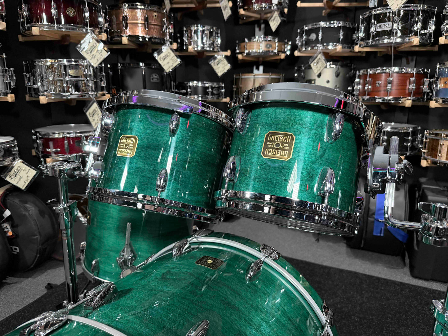 ~NEW!~ Gretsch USA Custom 4-Piece 10/12/16/22 Drum Kit Set in Caribbean Blue Gloss Lacquer with Square Badges