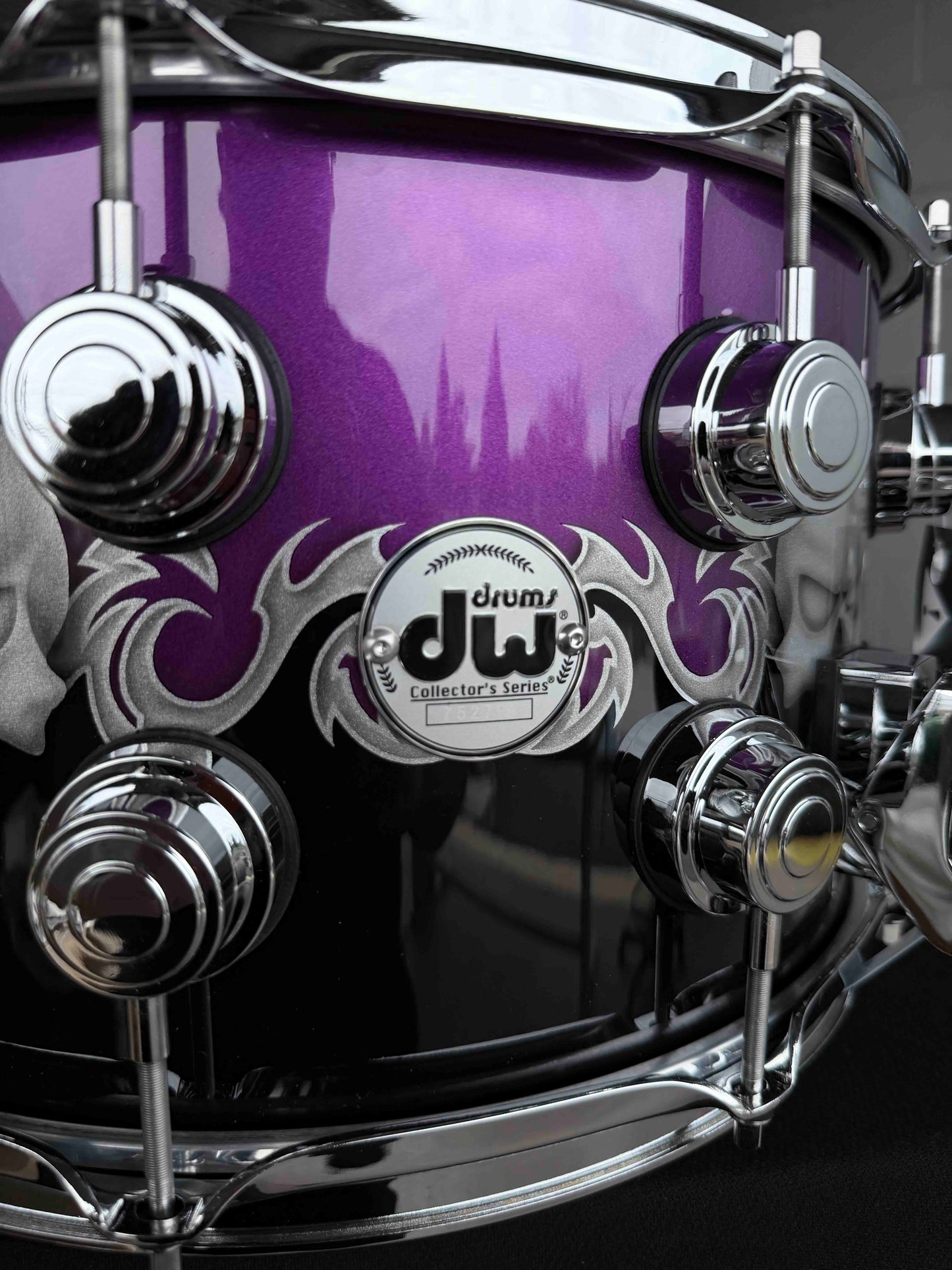 ~NEW~ DW Collector's Series 333 Pure Maple 8x14 Snare Drum in Exotic Sawblades & Skulls Graphics w/ Chrome Hardware