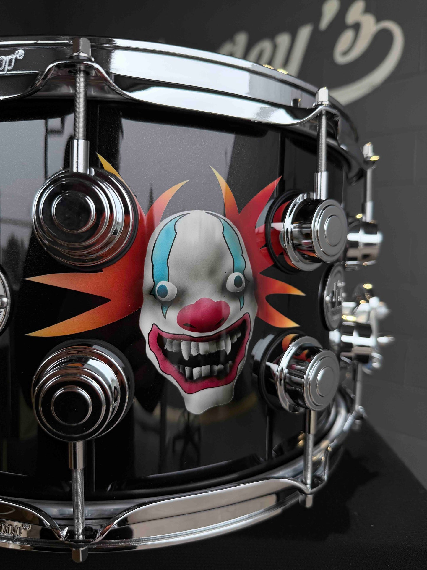~NEW~ DW Collector's Series 8x14 SSC Maple Snare Drum in Exotic Sick Clown over Solid Metallic Black Lacquer with Chrome Hardware