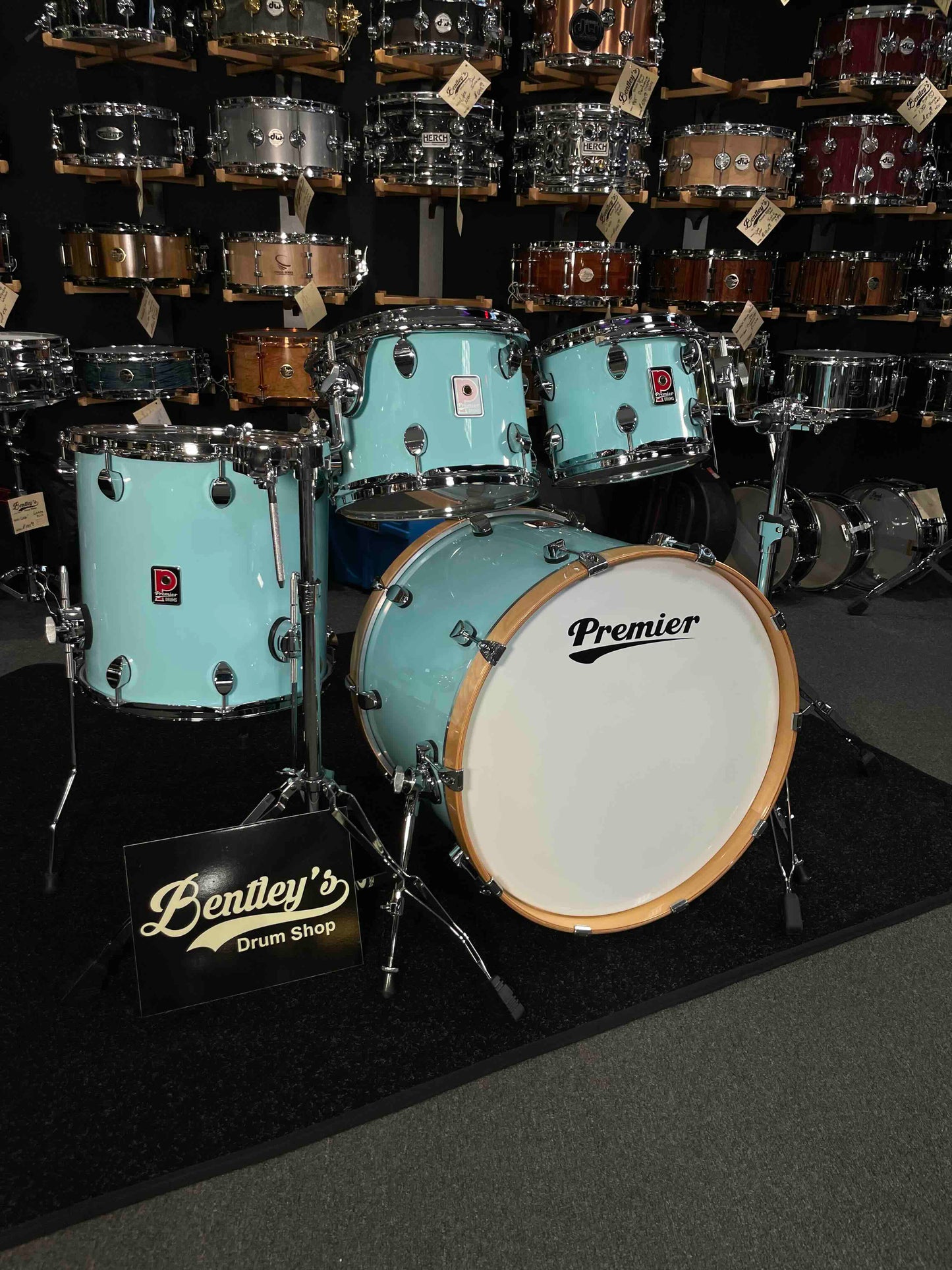~NEW~ Premier Elite Maple/Birch Hybrid 4-Piece 10/12/16/22 Drum Kit Set in Baby Blue Lacquer w/ Natural Gloss Bass Drum Hoops