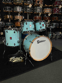 ~NEW~ Premier Elite Maple/Birch Hybrid 4-Piece 10/12/16/22 Drum Kit Set in Baby Blue Lacquer w/ Natural Gloss Bass Drum Hoops