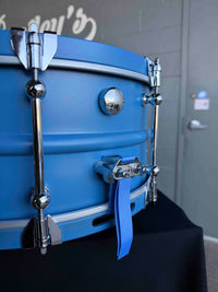 ~NEW!~ Dunnett Carbon Steel Model 2N Beaded Shell/Hybrid Edges 6.5x14 Snare Drum in Satin Blue with Satin White Front Panel, Satin Blue Concave Badge & Matching CR Hoops