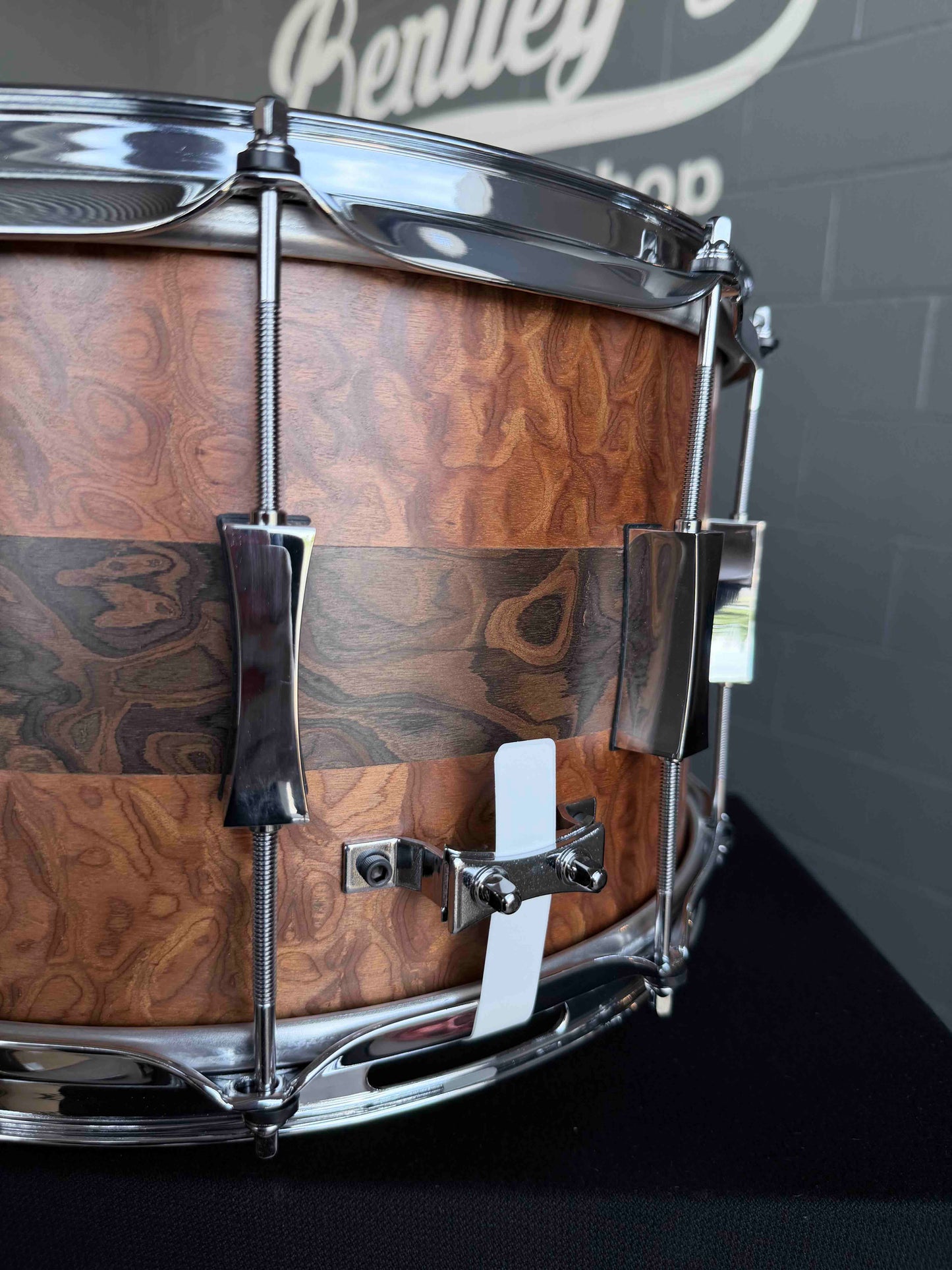 ~NEW!~ Pork Pie Decaf Macchiato Maple 8x14 Snare Drum in Satin Burled Walnut with Sapele Stripe