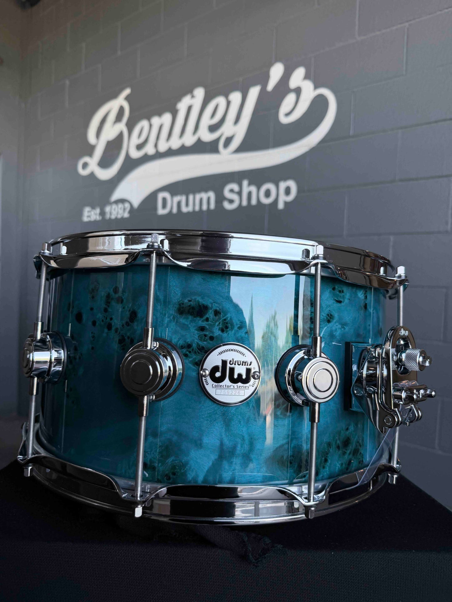 ~WOW!~ DW Collector's Series Maple/Mahogany 7x14 Snare Drum in Sapphire Gloss Lacquer over Exotic Mapa Burl with Chrome Hardware
