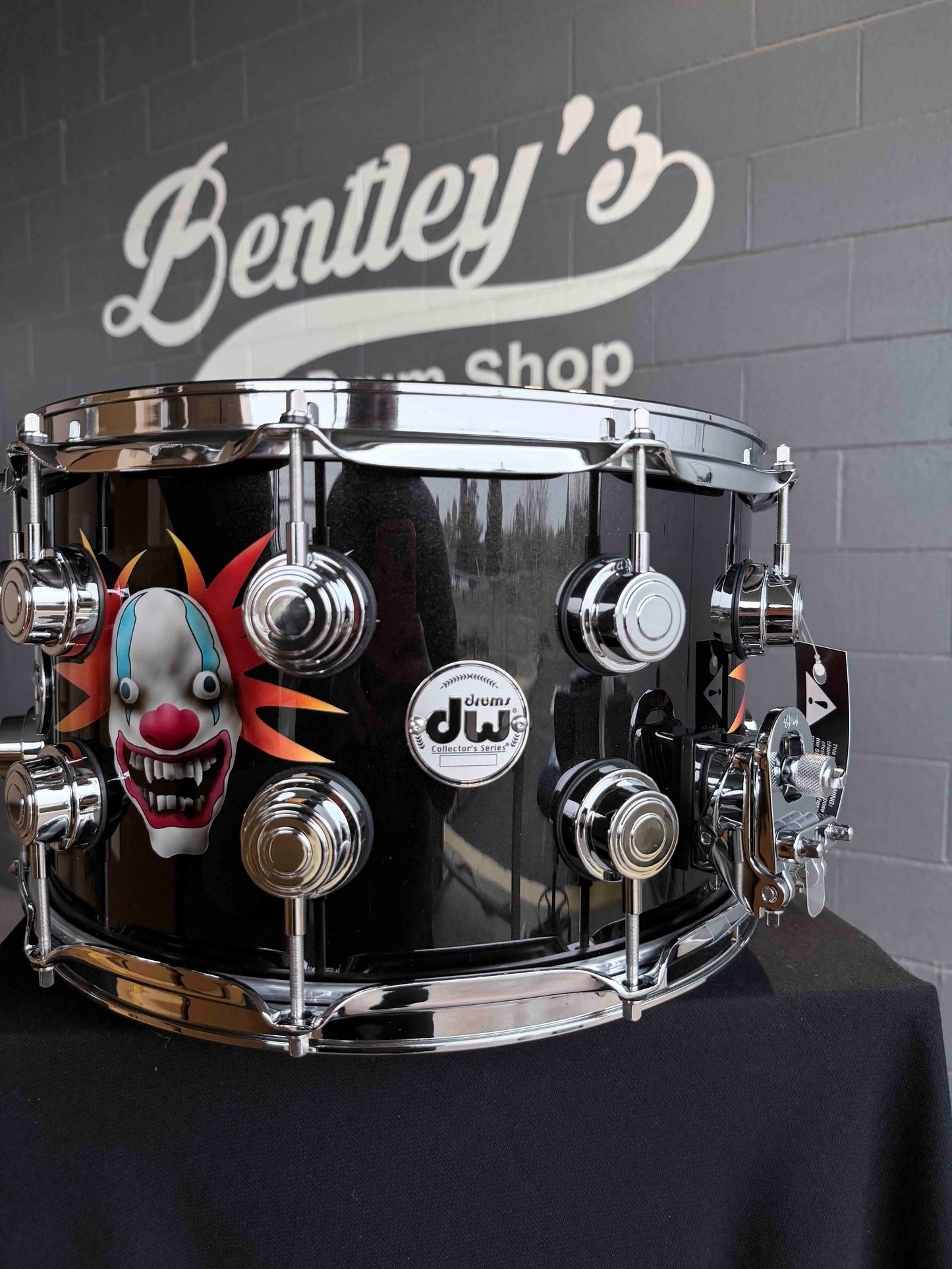 ~NEW~ DW Collector's Series 8x14 SSC Maple Snare Drum in Exotic Sick Clown over Solid Metallic Black Lacquer with Chrome Hardware