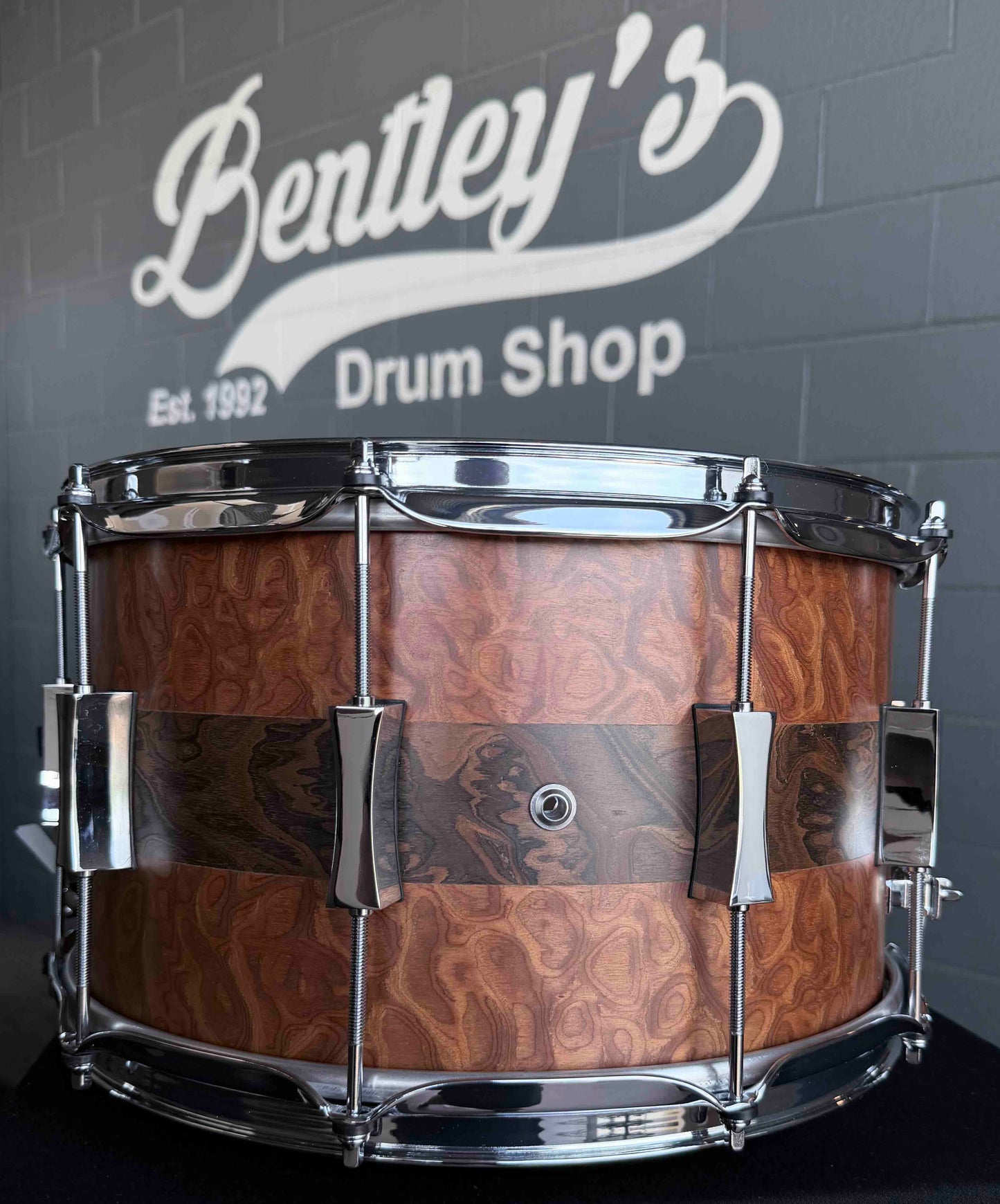~NEW!~ Pork Pie Decaf Macchiato Maple 8x14 Snare Drum in Satin Burled Walnut with Sapele Stripe