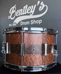 ~NEW!~ Pork Pie Decaf Macchiato Maple 8x14 Snare Drum in Satin Burled Walnut with Sapele Stripe