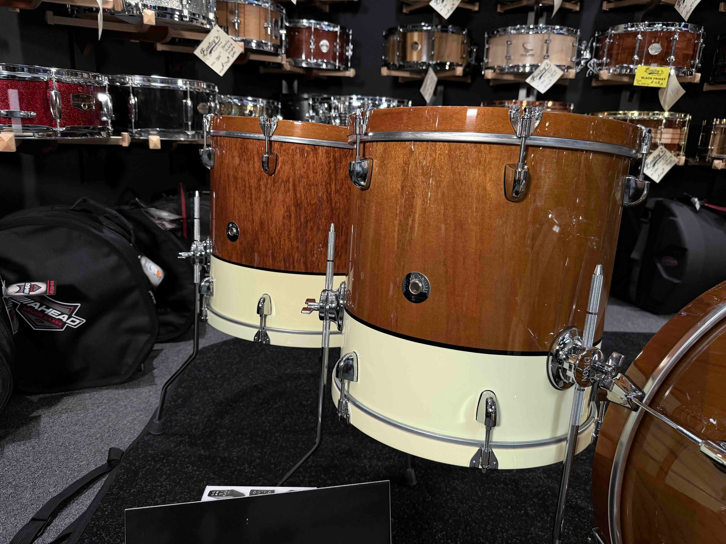 ~BENTLEY'S EXCLUSIVE~ Dixon Little Roomer Select 4-Piece 12/14/16/20 Drum Kit Set in Natural Mahogany to Pearl White with Black Pinstripe