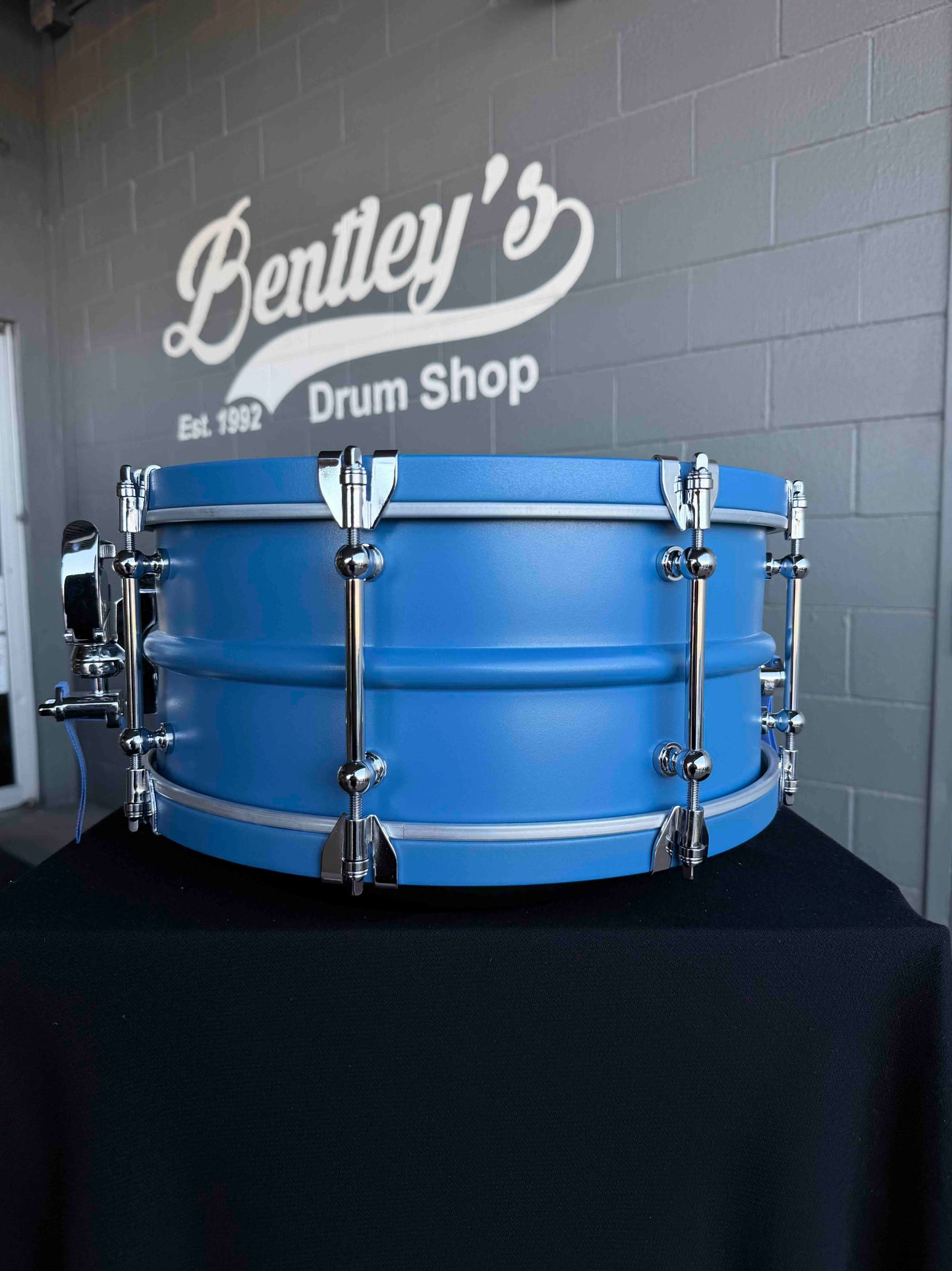 ~NEW!~ Dunnett Carbon Steel Model 2N Beaded Shell/Hybrid Edges 6.5x14 Snare Drum in Satin Blue with Satin White Front Panel, Satin Blue Concave Badge & Matching CR Hoops