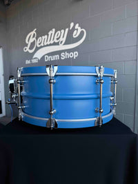 ~NEW!~ Dunnett Carbon Steel Model 2N Beaded Shell/Hybrid Edges 6.5x14 Snare Drum in Satin Blue with Satin White Front Panel, Satin Blue Concave Badge & Matching CR Hoops