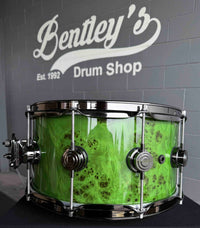 ~WOW!~ DW Collector's Series 333 Pure Maple 7x14 Snare Drum in Slime Green Gloss over Exotc Mapa Burl Veneer with Black Nickel Hardware