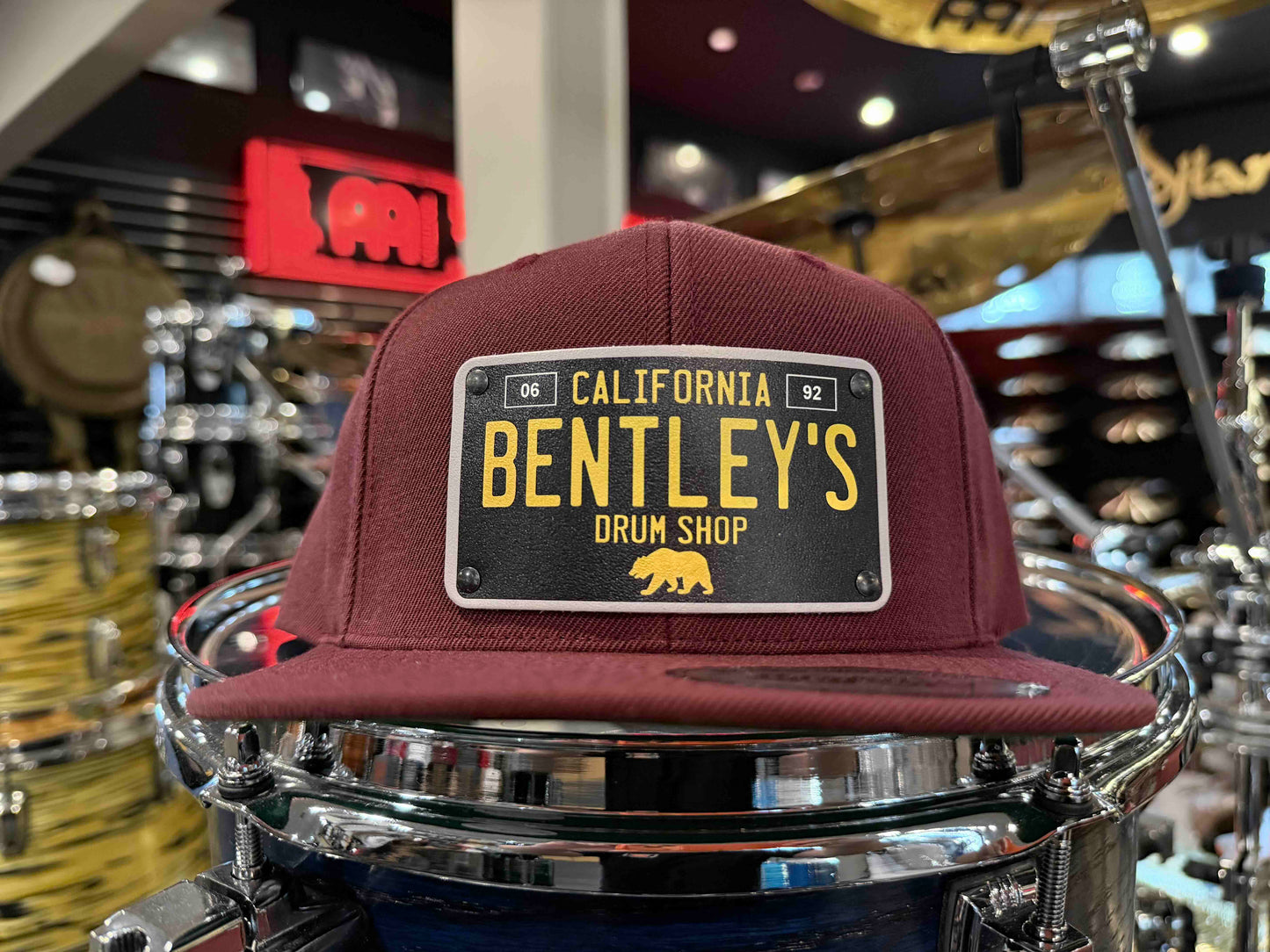 ~NEW~ Bentley's Drum Shop Clothback Snapback Hat in Burgundy with Custom License Plate Badge