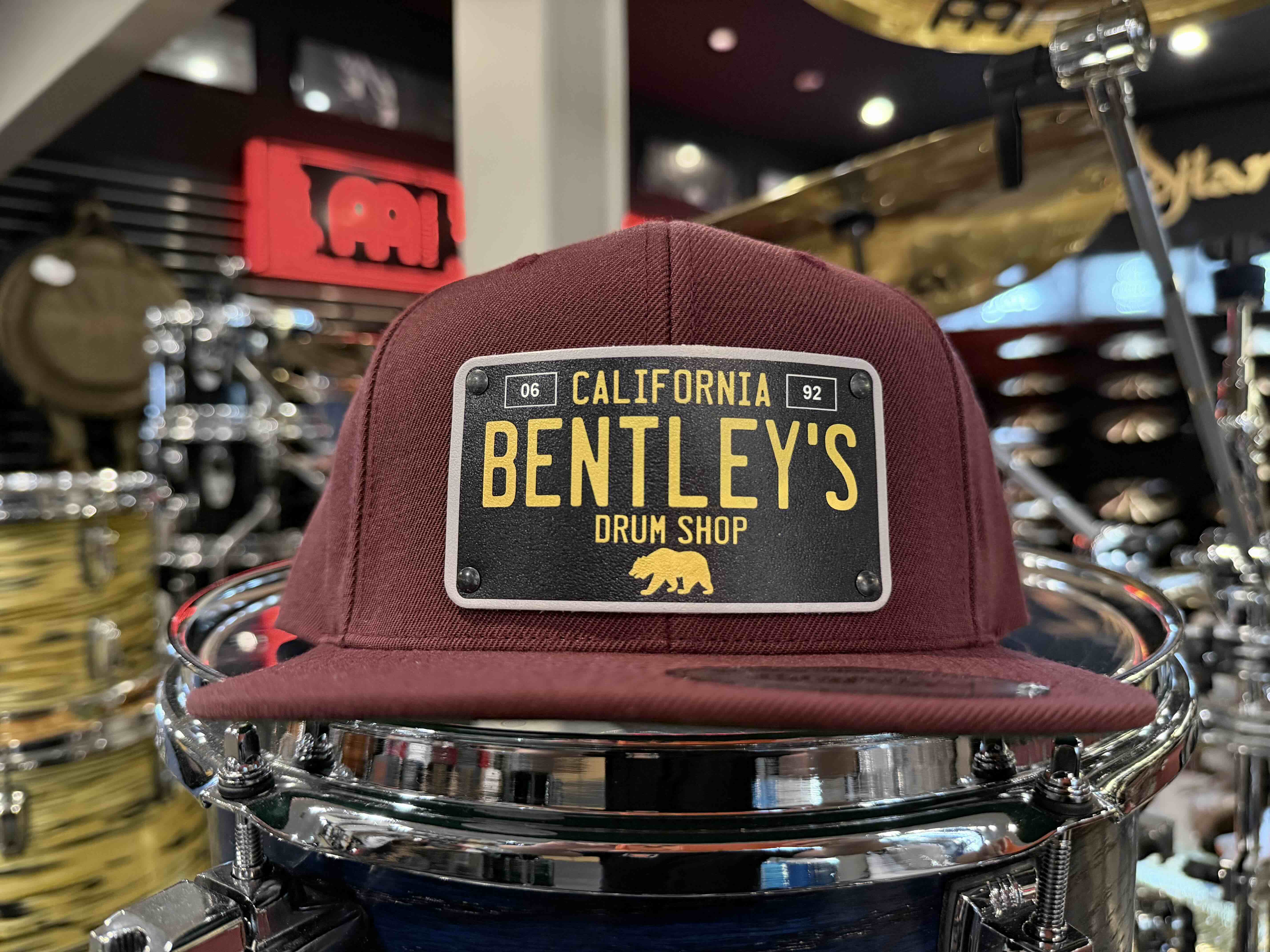 ~NEW~ Bentley's Drum Shop Clothback Snapback Hat in Burgundy with Custom License Plate Badge
