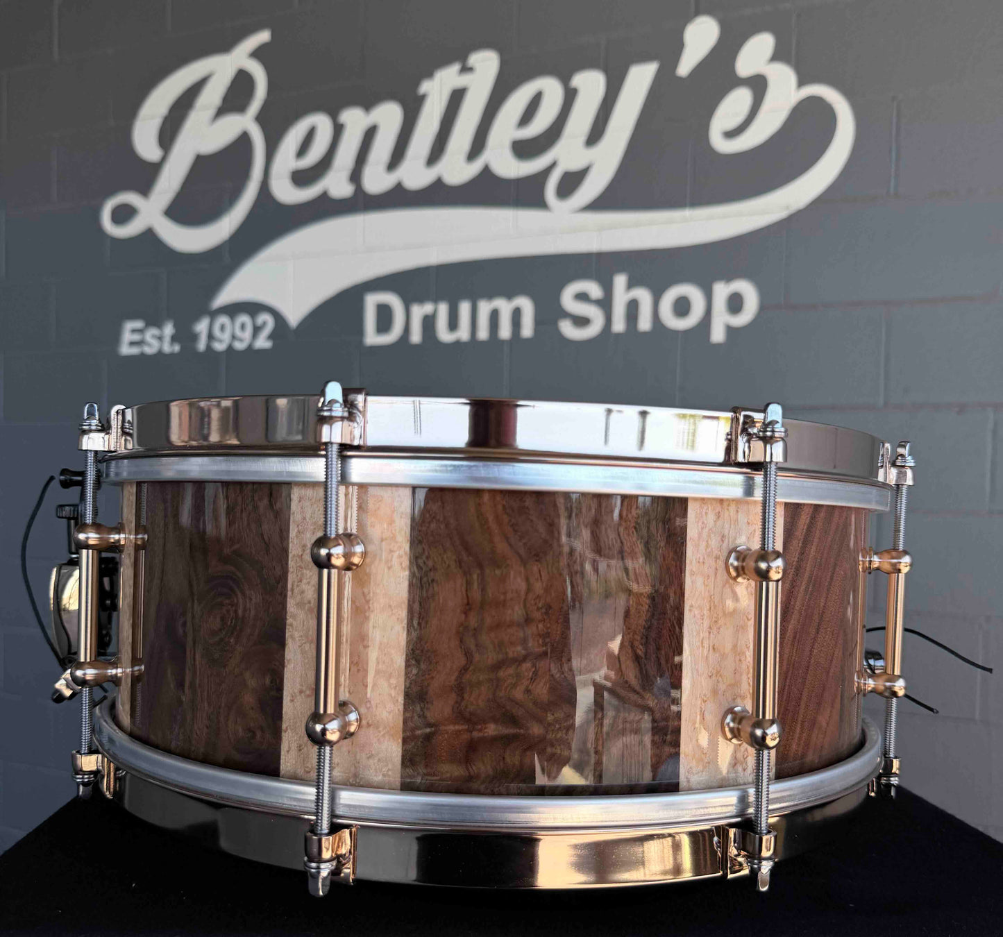 ~WOW!~ Doc Sweeney Drums 'King James' 5.5x14 Stave Claro Walnut & Birdseye Maple Snare Drum with Aztec Gold Hardware