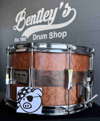 ~NEW!~ Pork Pie Decaf Macchiato Maple 8x14 Snare Drum in Satin Burled Walnut with Sapele Stripe
