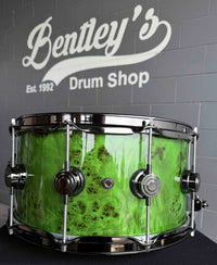 ~WOW!~ DW Collector's Series 333 Pure Maple 7x14 Snare Drum in Slime Green Gloss over Exotc Mapa Burl Veneer with Black Nickel Hardware