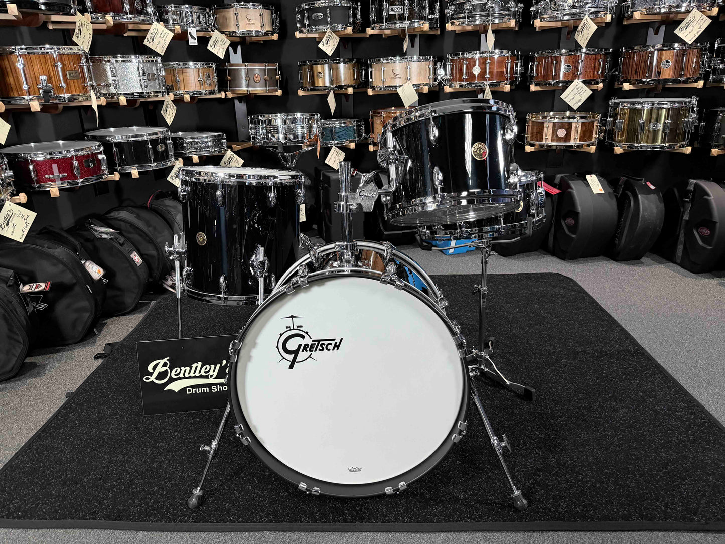 Gretsch USA Custom 4-Piece 12/14/20 Drum Kit Set in Solid Black Nitron w/ Matching 5.5x14 Snare Drum