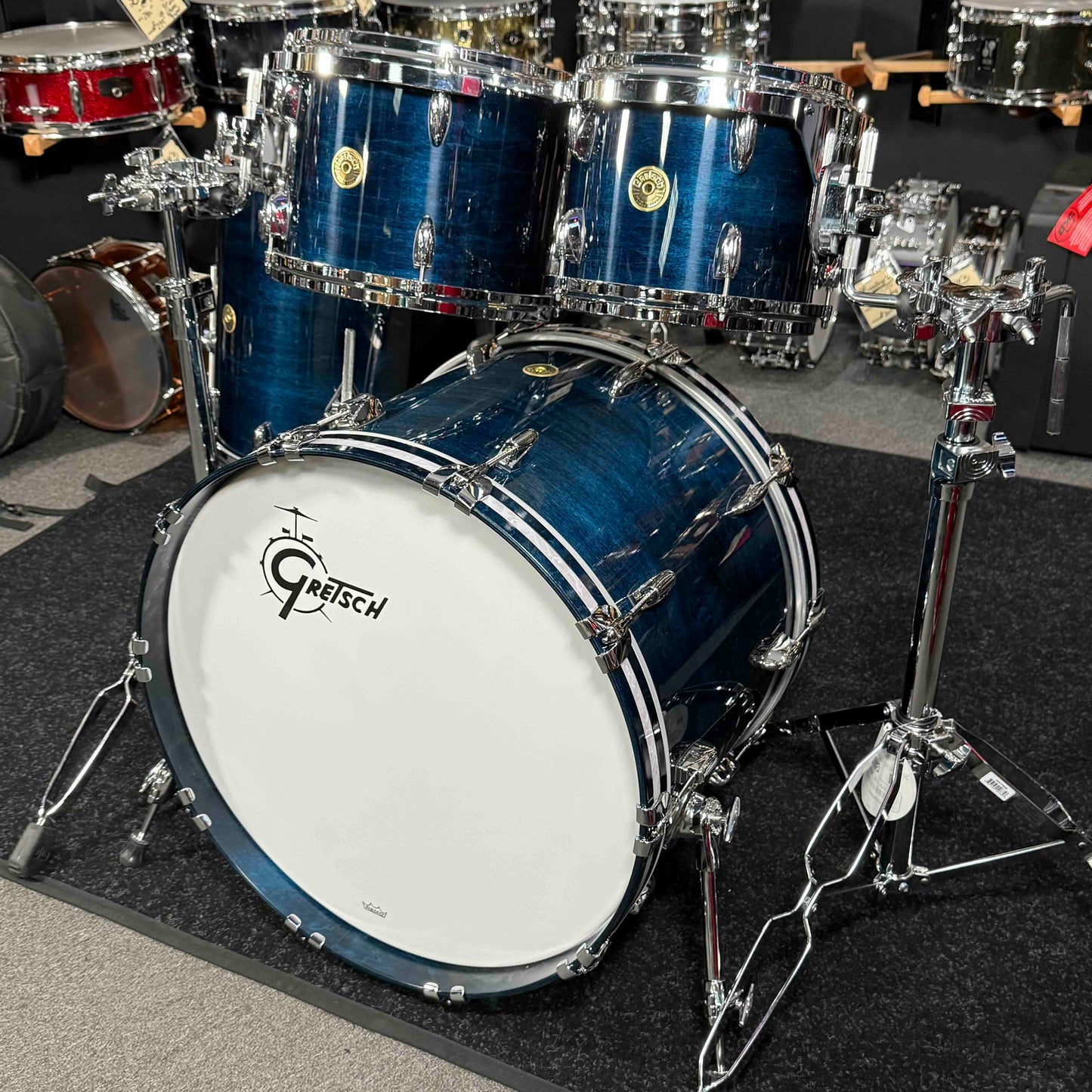 ~WOW!~ Gretsch USA Custom 4-Piece 10/12/16/22 Drum Kit Set in Azure Blue Gloss Lacquer with White Marine Pearl Bass Drum Hoops Inlays