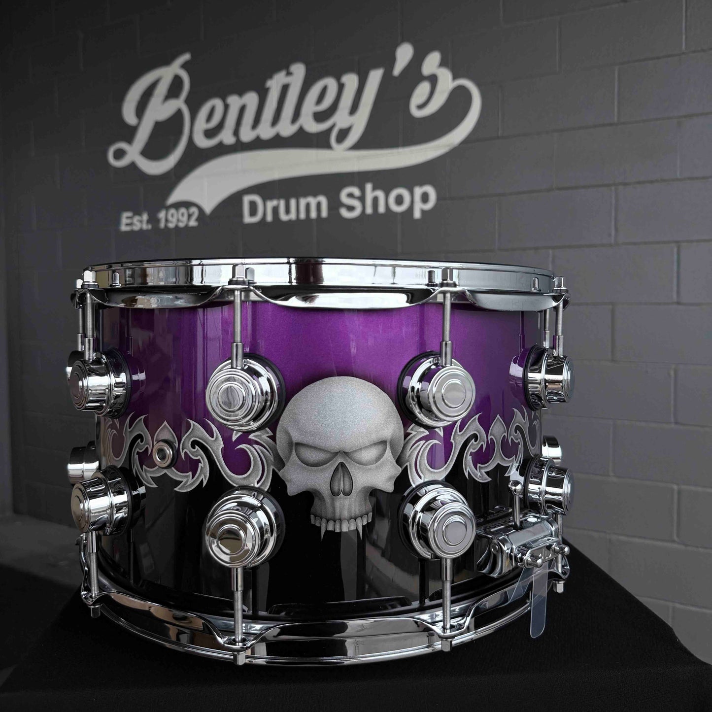 ~NEW~ DW Collector's Series 333 Pure Maple 8x14 Snare Drum in Exotic Sawblades & Skulls Graphics w/ Chrome Hardware
