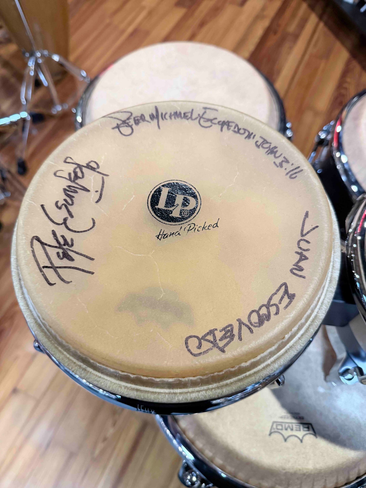 *WOW!* LP Latin Percussion LP201AX-EC E-Class 7-1/4" & 8-5/8" Bongo Pair Set w/ Signed Head from Escovedo Family!