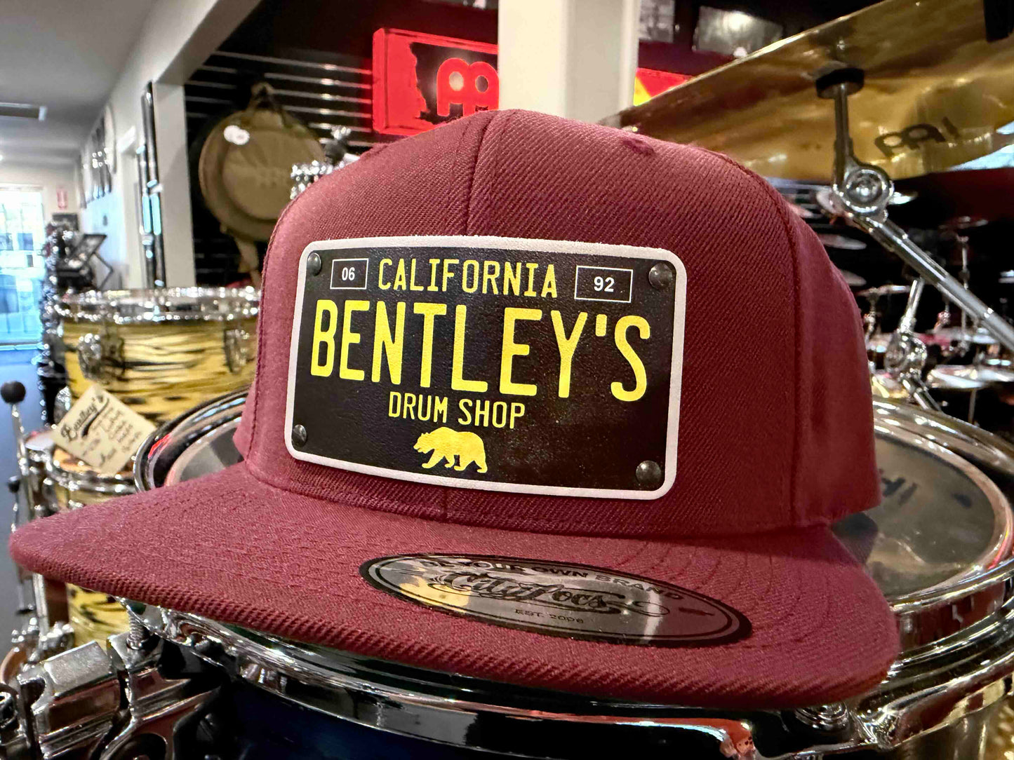 ~NEW~ Bentley's Drum Shop Clothback Snapback Hat in Burgundy with Custom License Plate Badge