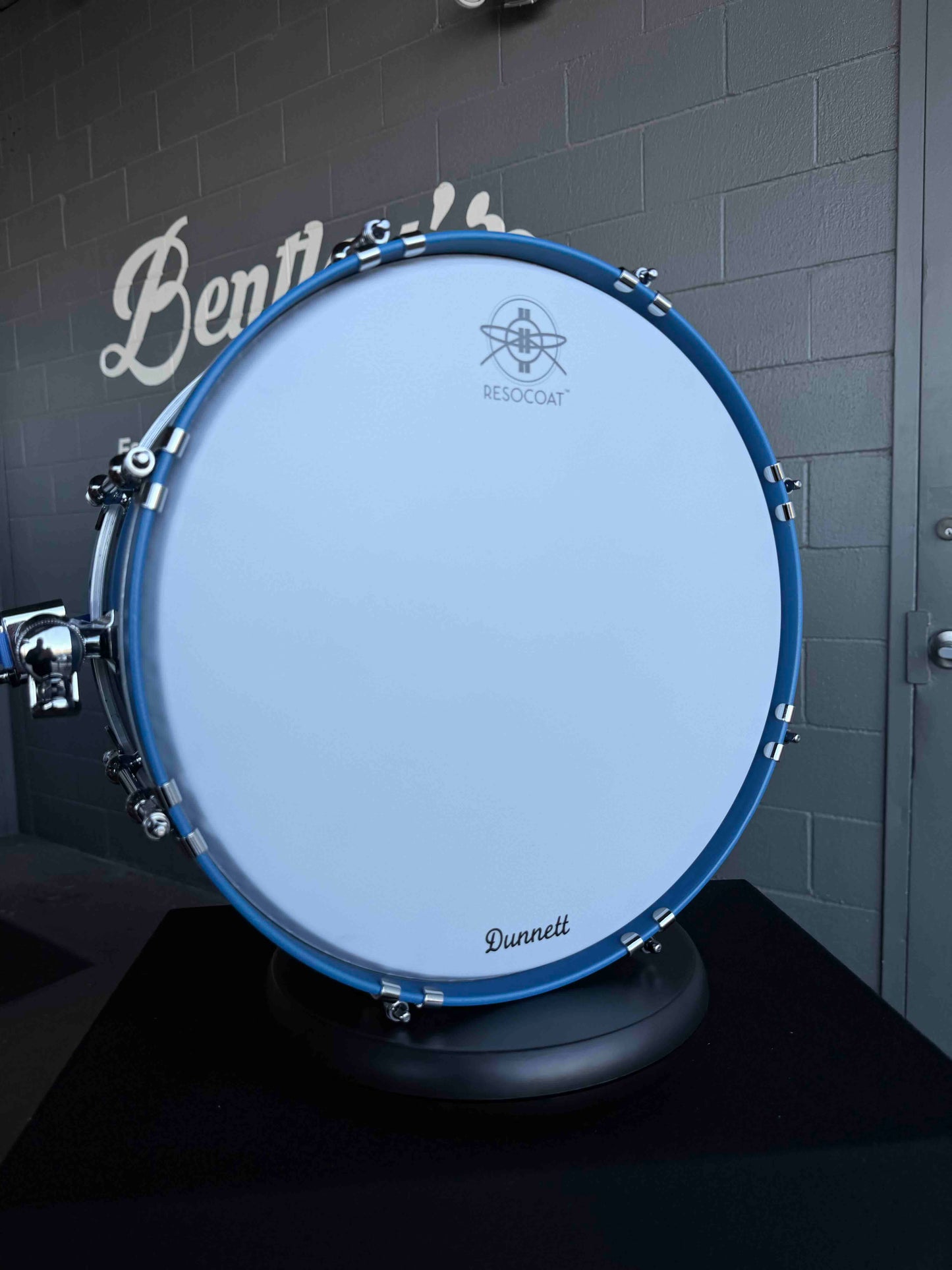 ~NEW!~ Dunnett Carbon Steel Model 2N Beaded Shell/Hybrid Edges 6.5x14 Snare Drum in Satin Blue with Satin White Front Panel, Satin Blue Concave Badge & Matching CR Hoops