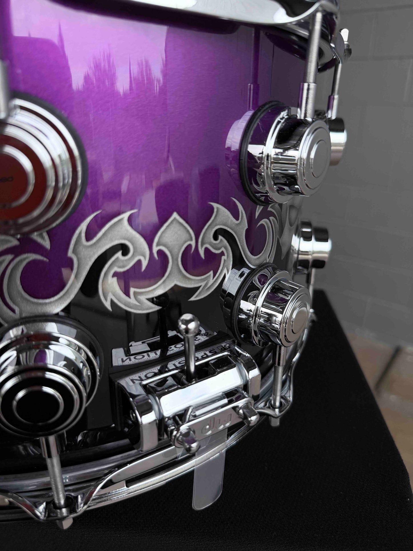 ~NEW~ DW Collector's Series 333 Pure Maple 8x14 Snare Drum in Exotic Sawblades & Skulls Graphics w/ Chrome Hardware