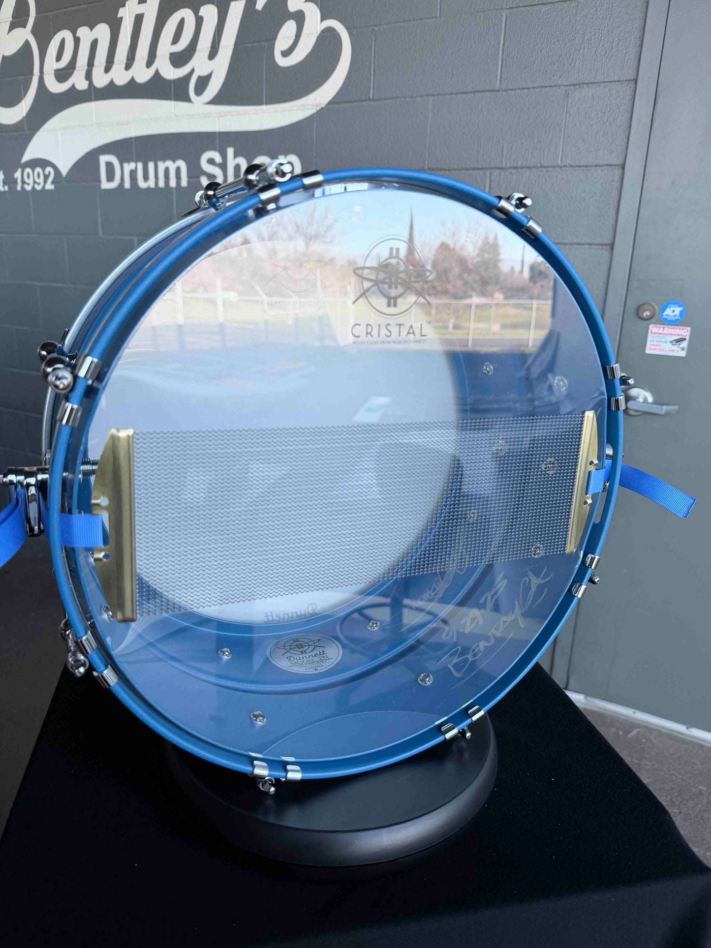 ~NEW!~ Dunnett Carbon Steel Model 2N Beaded Shell/Hybrid Edges 6.5x14 Snare Drum in Satin Blue with Satin White Front Panel, Satin Blue Concave Badge & Matching CR Hoops