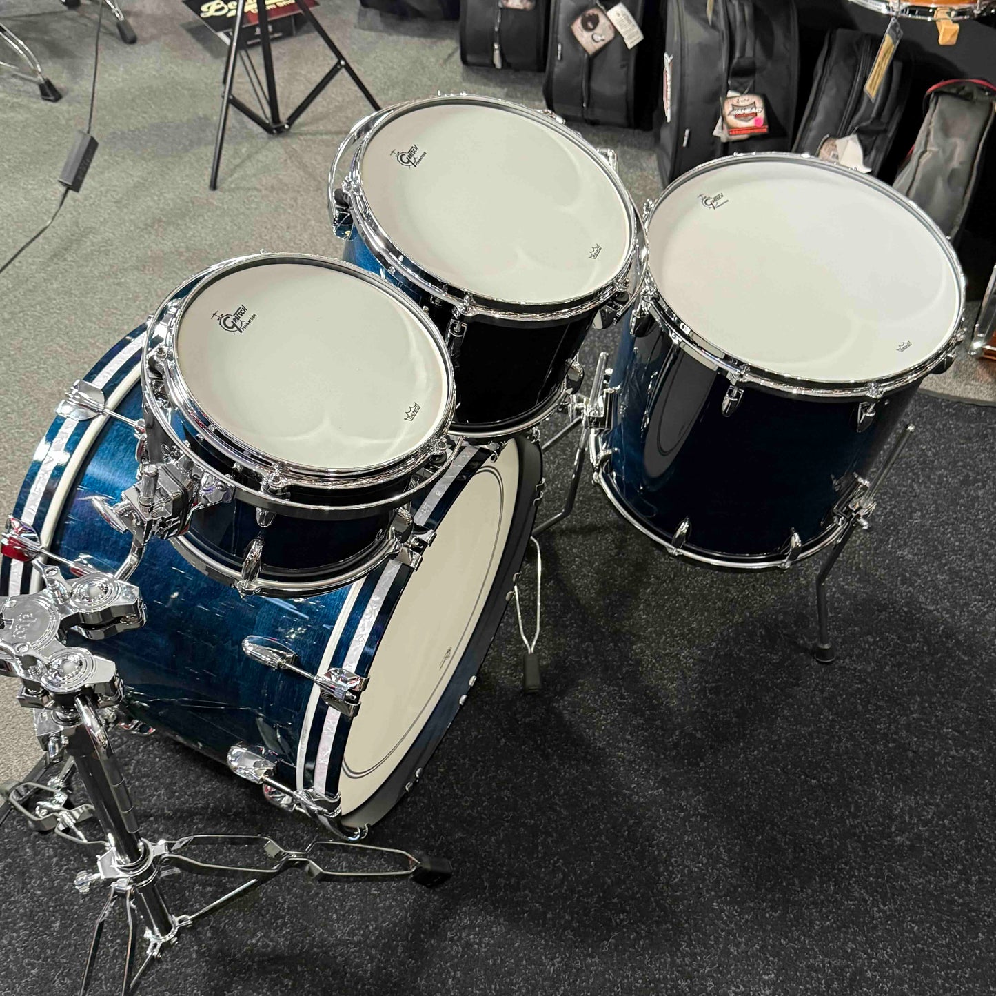 ~WOW!~ Gretsch USA Custom 4-Piece 10/12/16/22 Drum Kit Set in Azure Blue Gloss Lacquer with White Marine Pearl Bass Drum Hoops Inlays