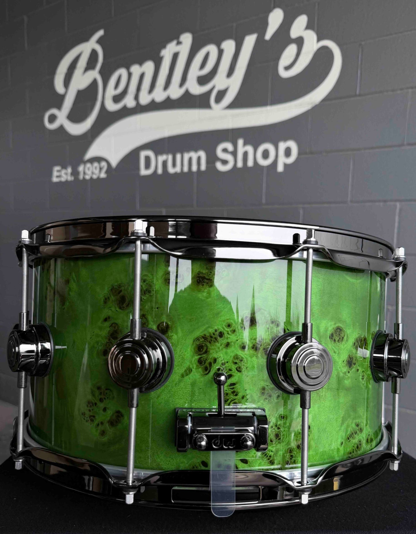 ~WOW!~ DW Collector's Series 333 Pure Maple 7x14 Snare Drum in Slime Green Gloss over Exotc Mapa Burl Veneer with Black Nickel Hardware
