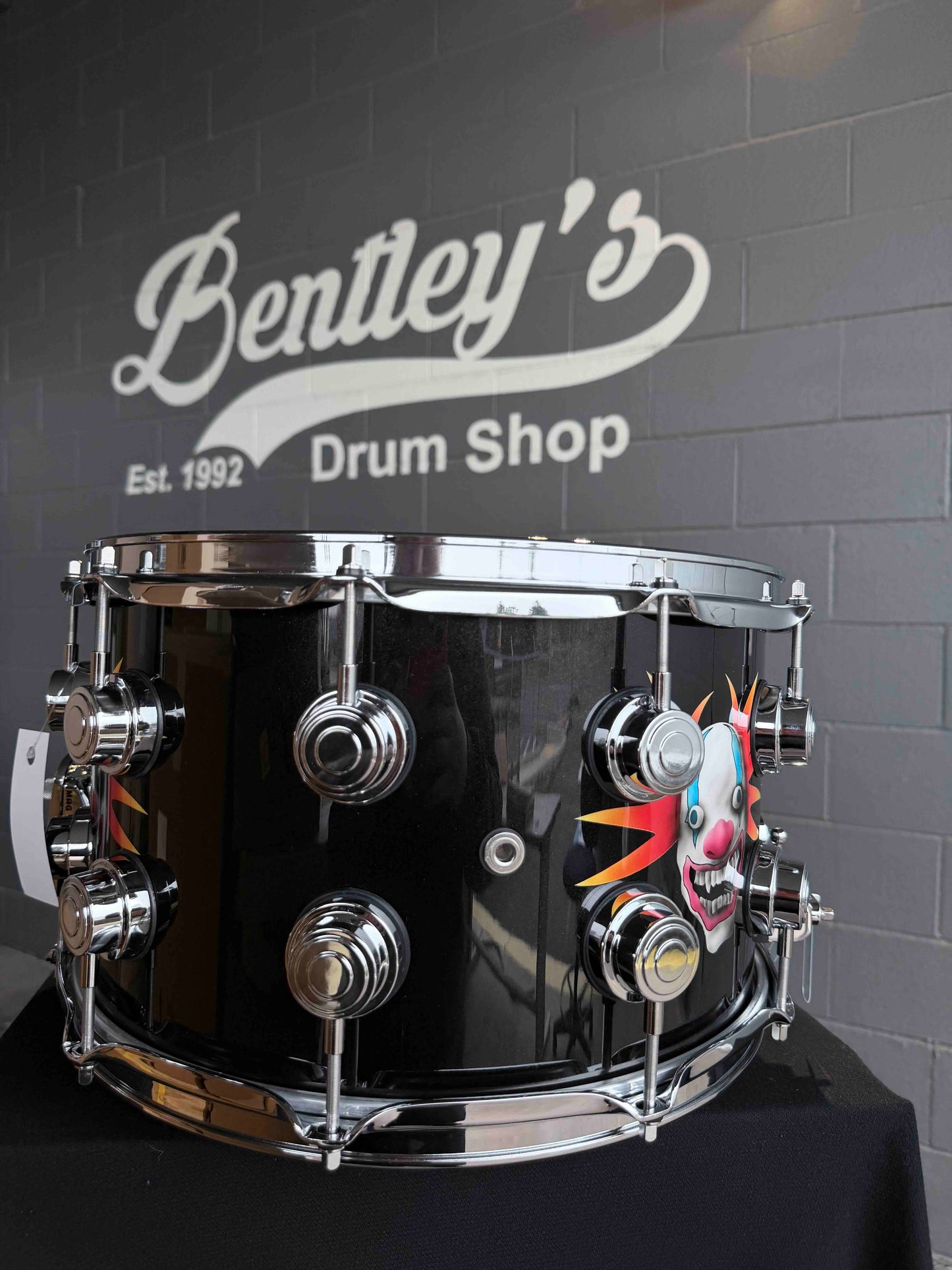 ~NEW~ DW Collector's Series 8x14 SSC Maple Snare Drum in Exotic Sick Clown over Solid Metallic Black Lacquer with Chrome Hardware