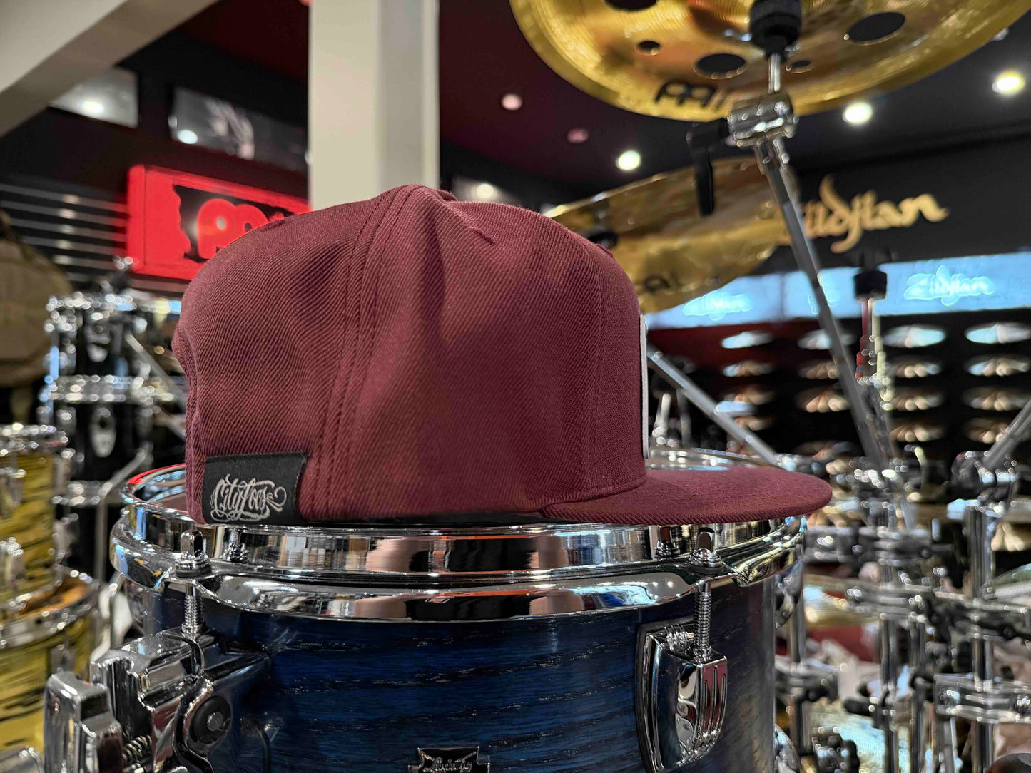 ~NEW~ Bentley's Drum Shop Clothback Snapback Hat in Burgundy with Custom License Plate Badge