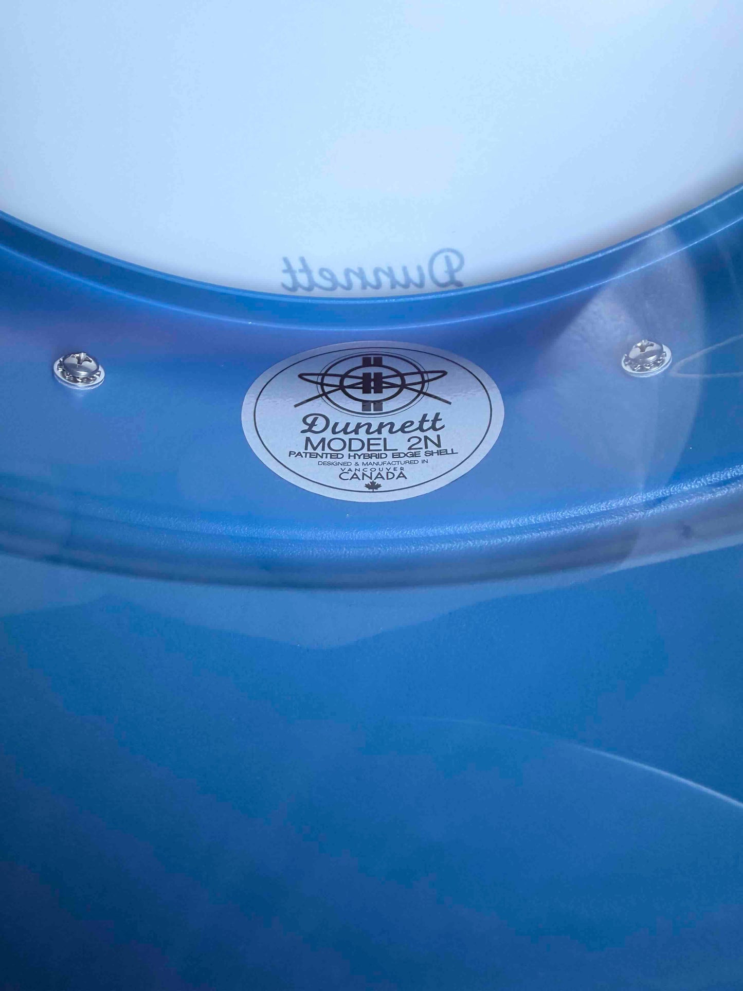 ~NEW!~ Dunnett Carbon Steel Model 2N Beaded Shell/Hybrid Edges 6.5x14 Snare Drum in Satin Blue with Satin White Front Panel, Satin Blue Concave Badge & Matching CR Hoops