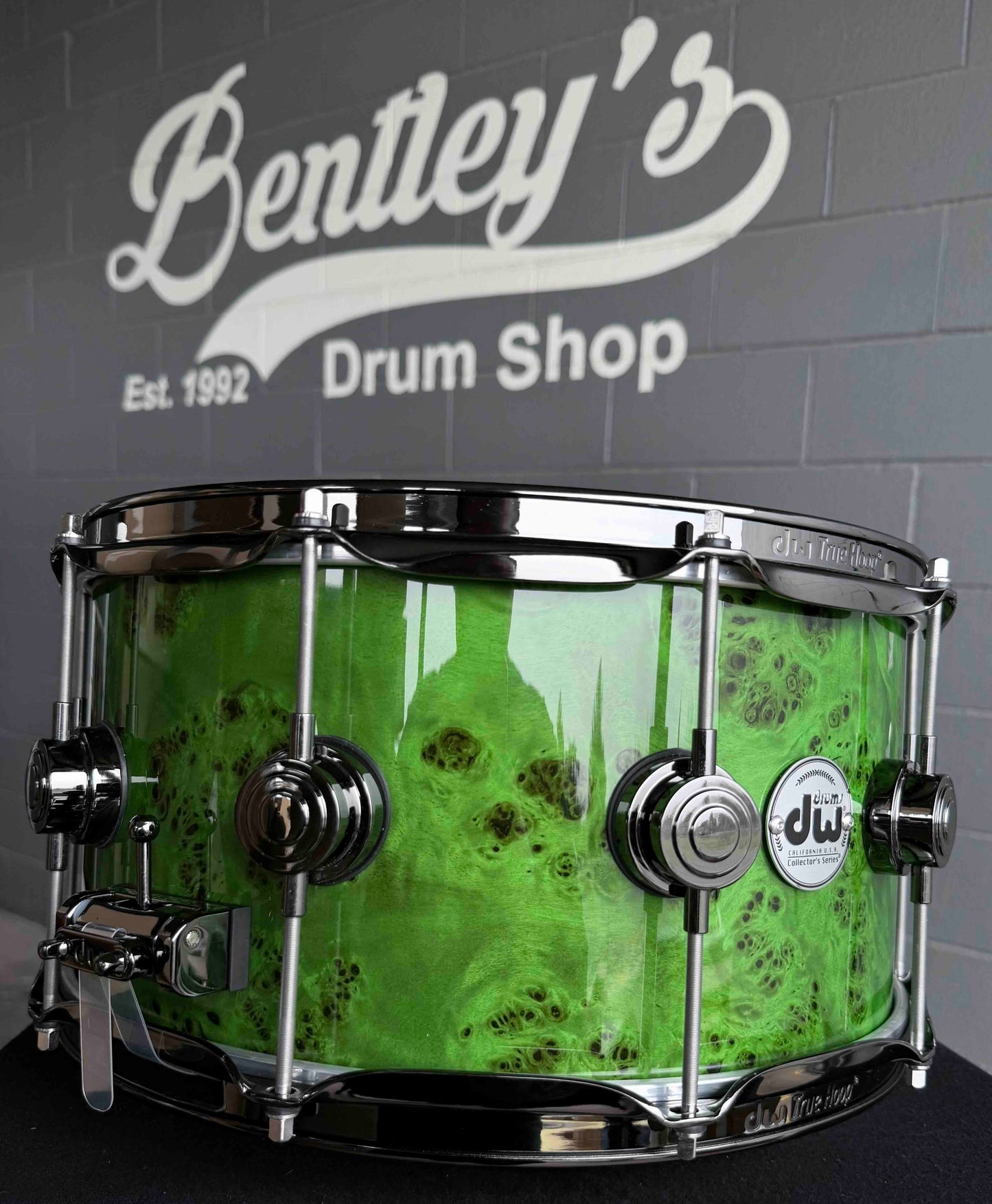 ~WOW!~ DW Collector's Series 333 Pure Maple 7x14 Snare Drum in Slime Green Gloss over Exotc Mapa Burl Veneer with Black Nickel Hardware