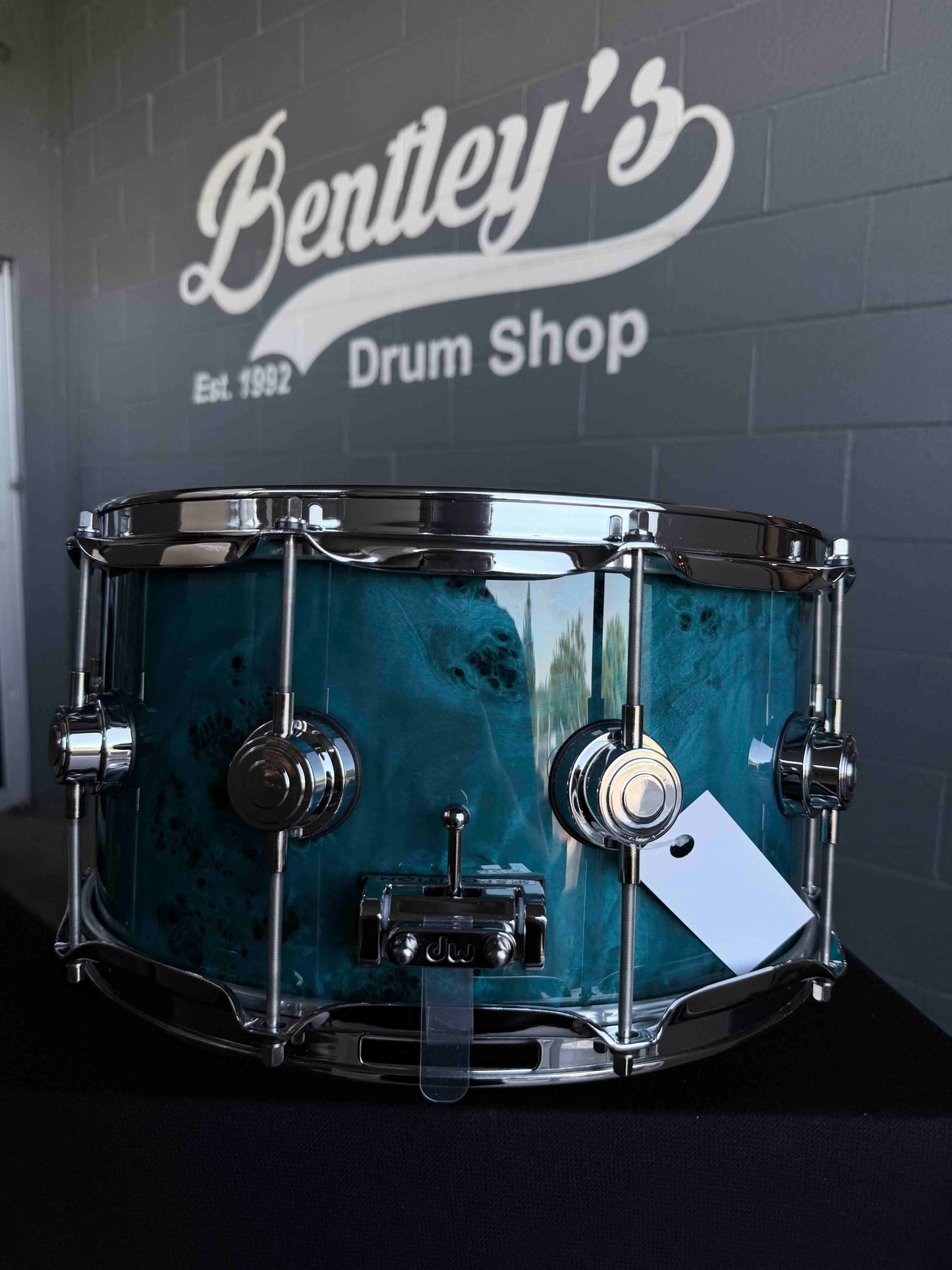 ~WOW!~ DW Collector's Series Maple/Mahogany 7x14 Snare Drum in Sapphire Gloss Lacquer over Exotic Mapa Burl with Chrome Hardware