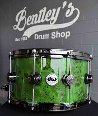 ~WOW!~ DW Collector's Series 333 Pure Maple 7x14 Snare Drum in Slime Green Gloss over Exotc Mapa Burl Veneer with Black Nickel Hardware