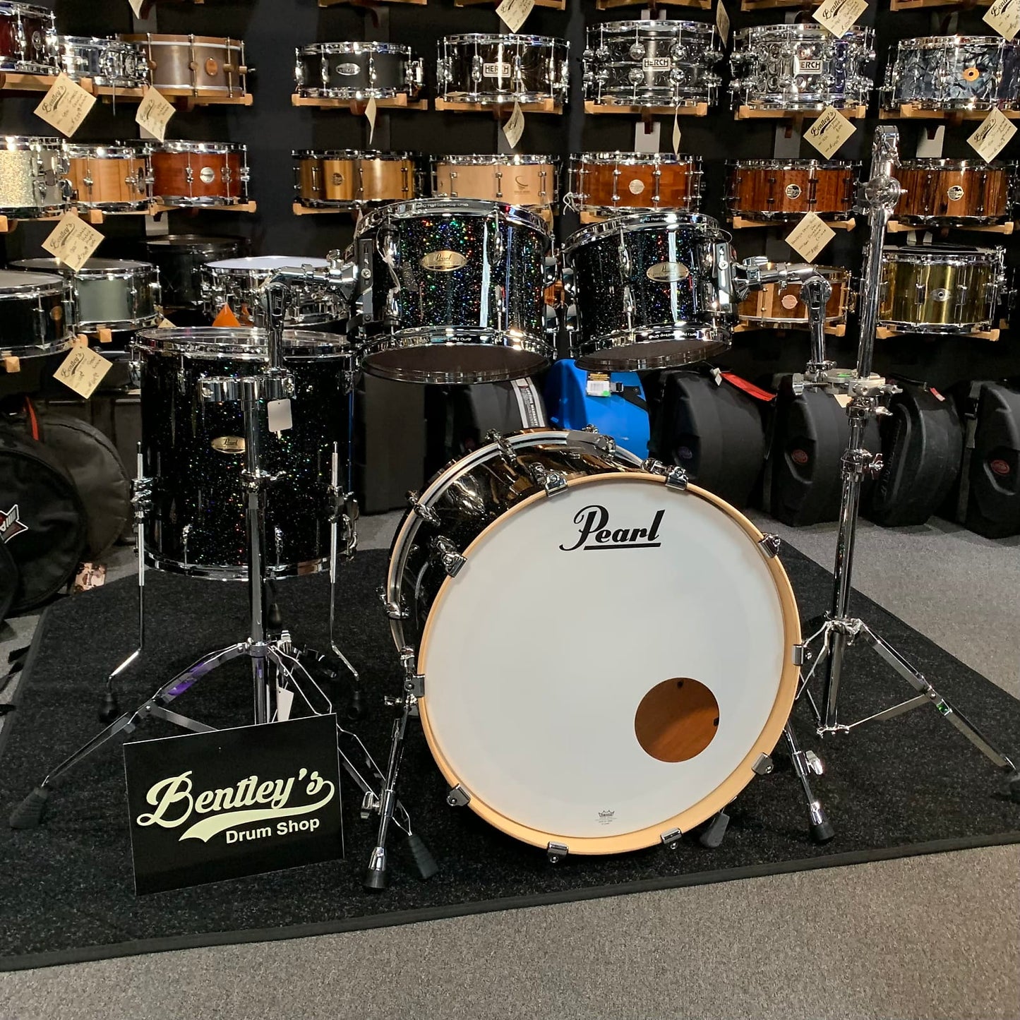 ~NEW~ Pearl Session Studio Select Birch/Mahogany Hybrid 4-Piece 10/12/16/22 Drum Kit Set in Black Halo Glitter Lacquer