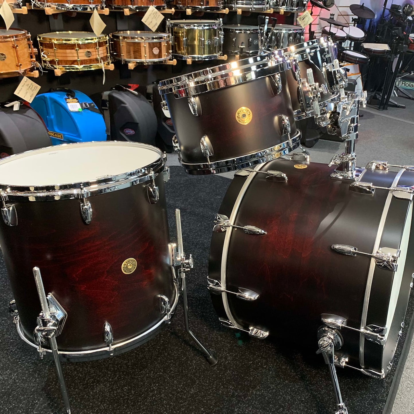 Gretsch USA Custom 4-Piece 10/12/16/22 Drum Kit Set in Satin Dark Chestnut Duco w/ Double-Tom Holder