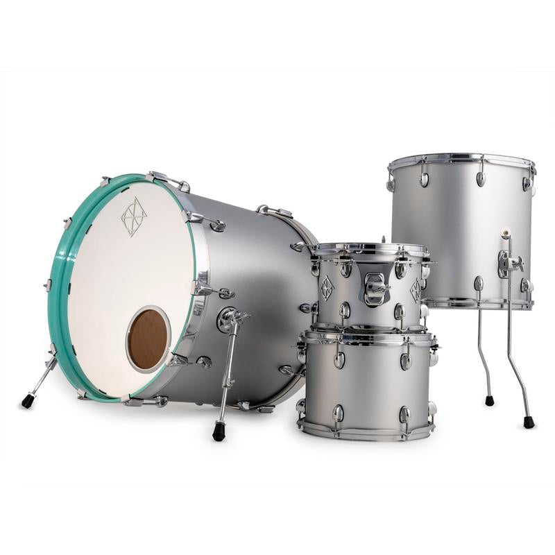 Dixon PODCSTL422-01-SST1 Cornerstone Select 4-Piece 10/12/16/22 Drum Kit Set in Metallic Silver Lacquer with Teal Hoop Interior Highlight
