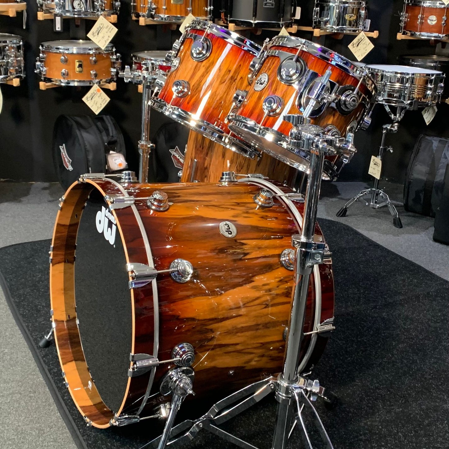 ~WOW!~ DW Collector's Series SSC Maple 4-Piece 10/12/16/22 Drum Kit Set in Rich Red Burst Lacquer over Exotic Tigerwood with Chrome Hardware