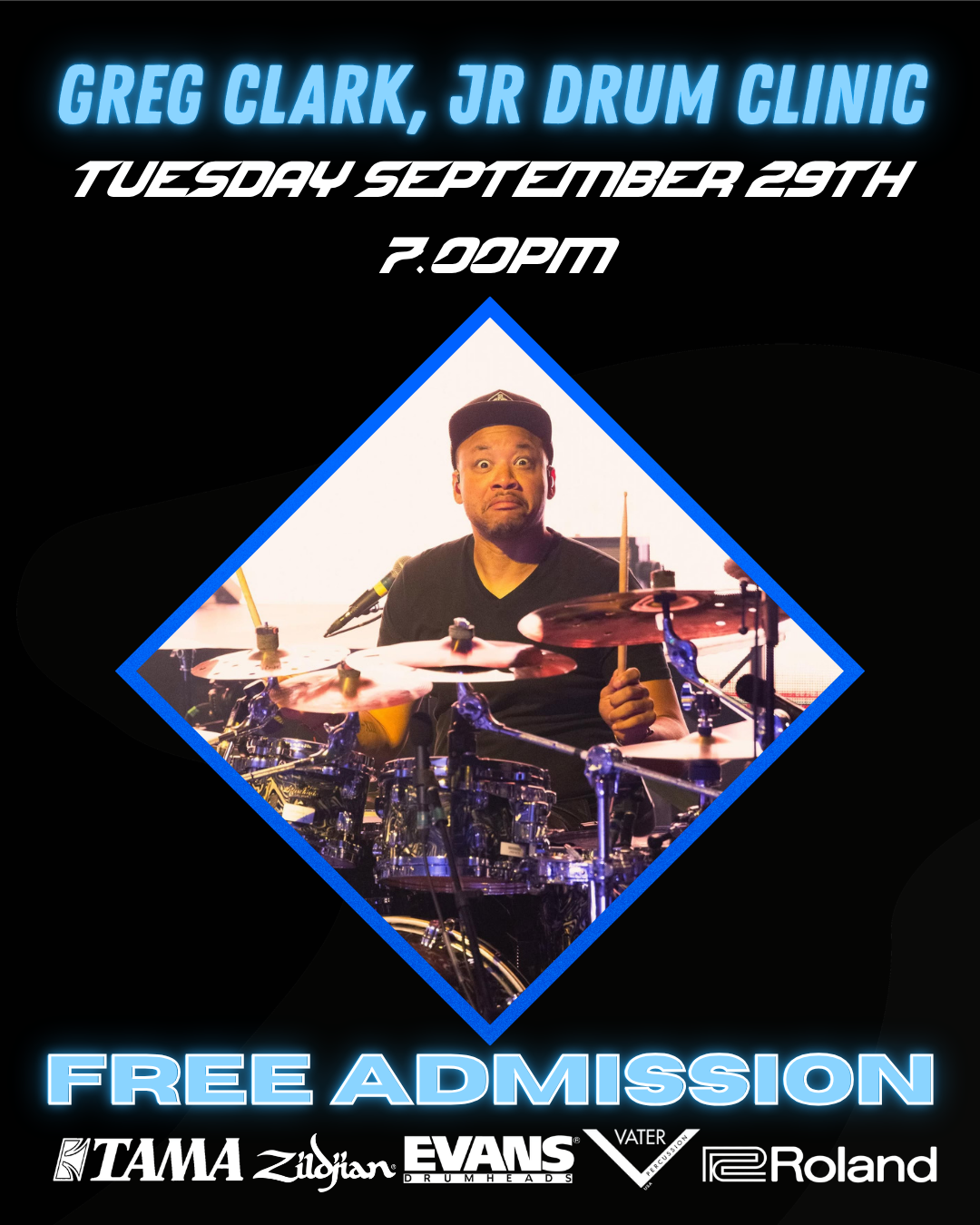 FREE General Admission Ticket - Greg Clark, Jr. Drum Clinic on Tuesday September 29th at 7PM