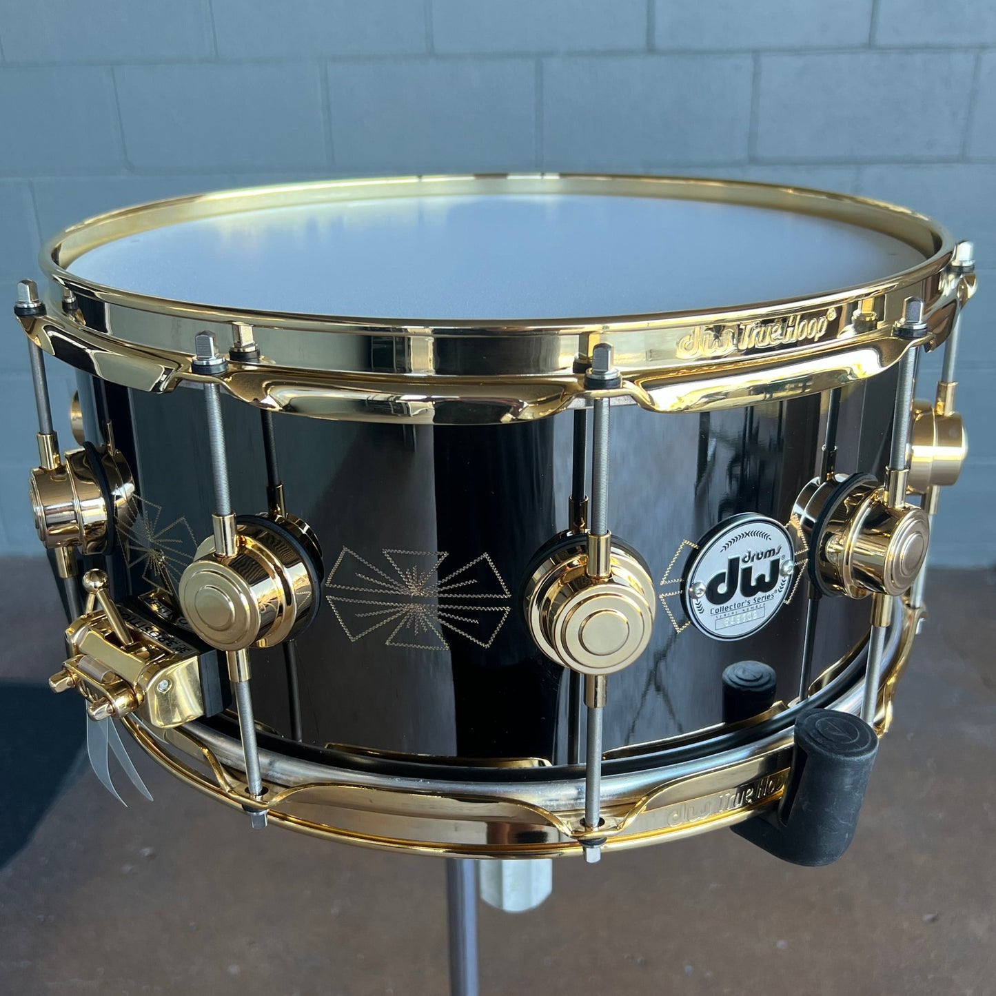 RARE DW Collector's Series 6.5x14" Engraved Art Duco Black Nickel Over Brass Snare Drum w/Gold Hardware