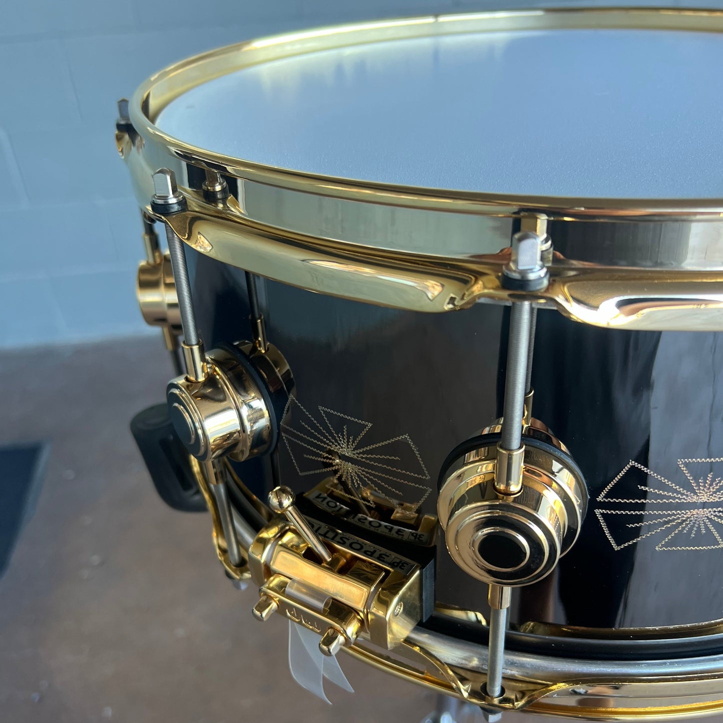 RARE DW Collector's Series 6.5x14" Engraved Art Duco Black Nickel Over Brass Snare Drum w/Gold Hardware