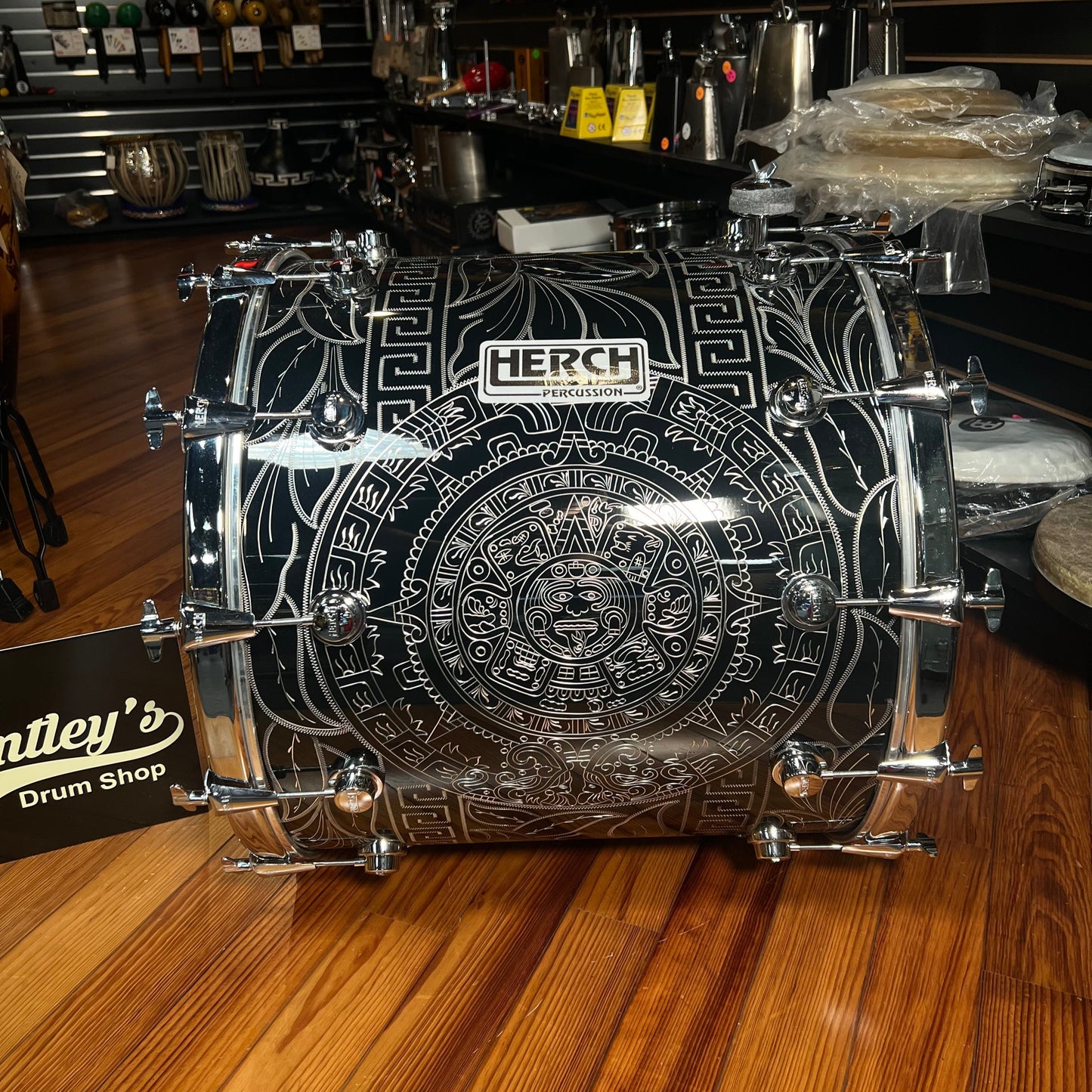 Herch Percussion 20x22" Tambora Bass Drum in Anodized Black Aztec Calendar w/ FREE CASE