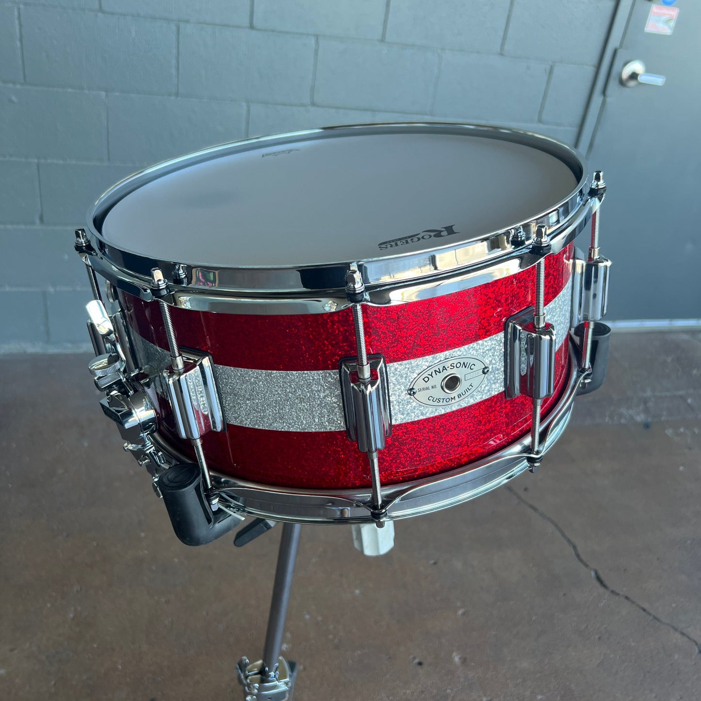 Rogers Dyna-Sonic Beavertail 6.5x14" Snare Drum in Red Sparkle w/ Silver Sparkle Stripe